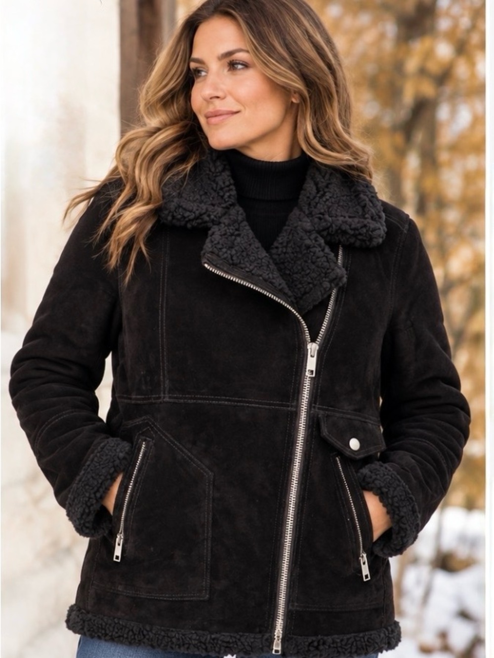 H&M L.O.G.G. Genuine Suede Leather Sherpa Moto Jacket Black Size 10